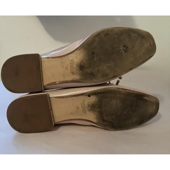 Zara‎ Patent Leather Shoes Loafers Women's 38 Beige Bow Preppy Working Flats - Picture 7 of 8